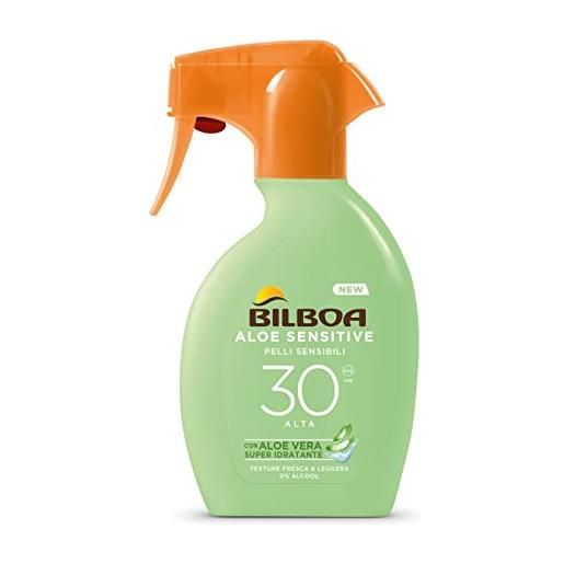Bilboa, protezione solare corpo aloe sensitive trigger spf 30, spray solare alta per pelli sensibili, formula con aloe vera, senza alcool, resistente all'acqua, 250 ml