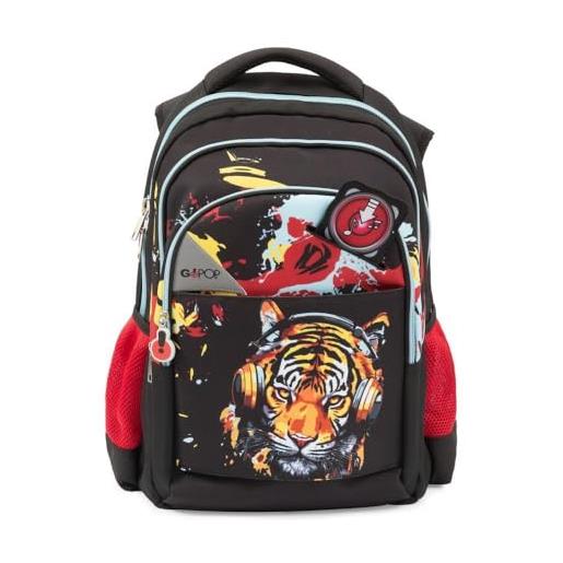 Go pop - zaino modello tiger beat, 3 scomparti e tasche interne, tasche e porta borraccia, schienale e spallacci imbottiti, con fascia personalizzata e pop up, lt 24, dim 32x44x19, scuola elementare