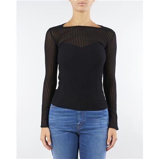 PATRIZIA PEPE maglia nero aderente a costine con dettagli trasparenti