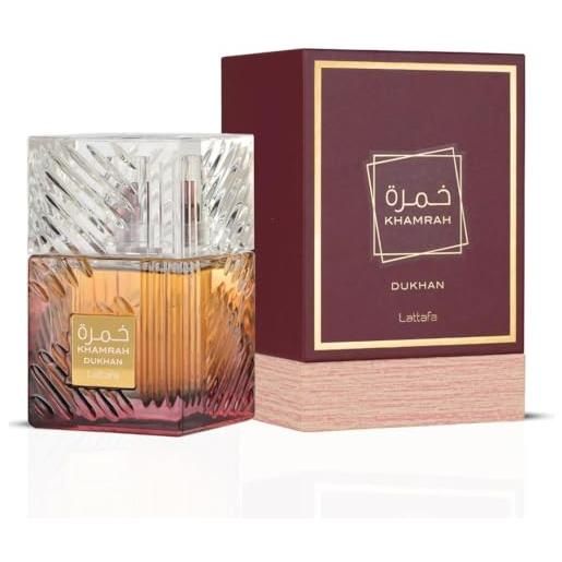 Lattafa khamrah dukhan for unisex eau de parfum spray, 3,4 ounce / 100 ml
