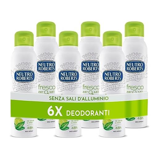 Neutro roberts, deodorante spray fresco verde, con té verde e lime, zero sali di alluminio, zero macchie, deodorante uomo e donna - 6 flaconi da 150 ml - esclusiva amazon