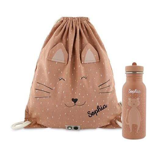 Upstitch studio trixie, zaino e borraccia per bambini, per l'asilo e chitarra, personalizzato con nome singolo o come set, gatto, set: turnbeutel + flasche