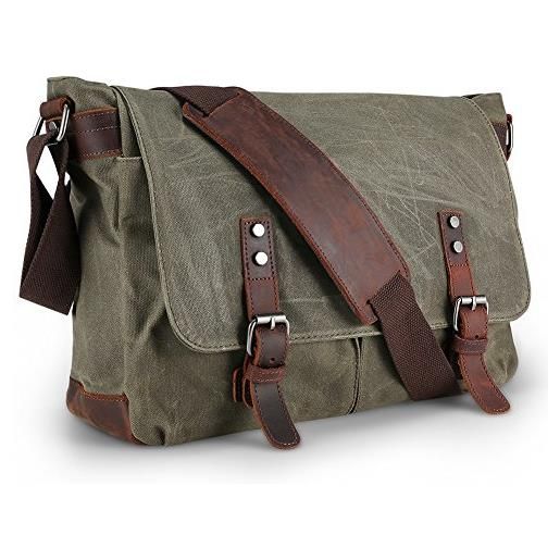 Aizbo borsa a tracolla impermeabile da uomo, borsa a tracolla in tela da uomo, borsa a tracolla per computer portatile da 15 pollici, taglia grande, amy green, 15 in, utility