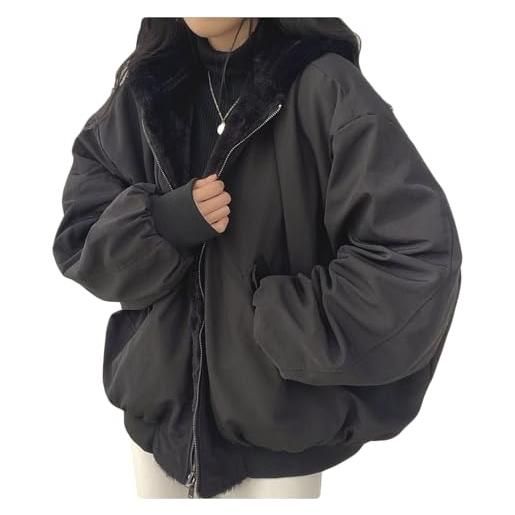 Generic giacca da donna foderata in pile reversibile con cerniera, felpa con cappuccio oversize in pelliccia sintetica, giacche pelose cappotto invernale, nero , m
