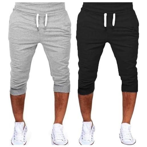 Generisch 2 pezzi pantaloni sportivi da uomo, 3/4, lunghi in cotone, pantaloni da jogging da uomo, con coulisse, pantaloni capri in tinta unita, per palestra, tempo libero, chino, pantaloni da corsa, pantaloni
