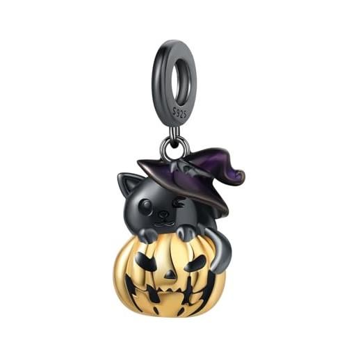 Teleye cappello da strega ciondolo gatto nero e zucca fascino, genuino 925 perline in argento sterling fascino, compatibile con per braccialetto pandora