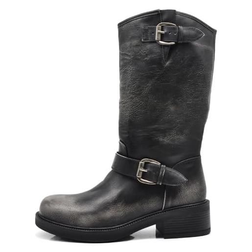 IF fashion scarpe stivali da donna al polpaccio biker motociclista con fibbie anfibi 1821-2 nero n. 36