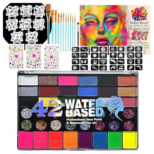 WHHVCTY set di 42 colori per il viso per bambini - tavolozza trucco atossica a base d'acqua con stencil pennelli e pietre preziose set per dipingere il viso per bambini, ideale per halloween, feste, festival