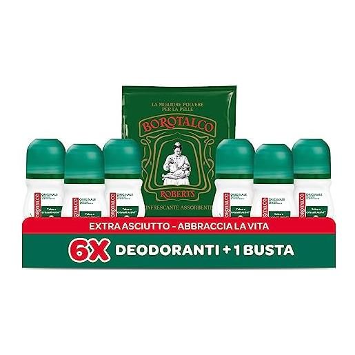 Borotalco, deodorante roll on originale e talco assoluto in polvere, formula senza alcool, assorbe il sudore, profumo Borotalco, 72h di efficacia - 6 flaconi da 50 ml