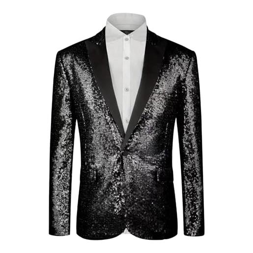Generisch blazer con paillette, da uomo, per feste, con brillantini, giacca con paillettes, slim fit, alla moda, da uomo, con colletto a risvolto, per smoking, per feste, uniformi dorate, glitter, nero , s