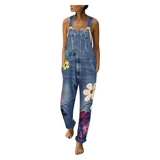 IQYU salopette da donna jeans: tuta baggy con bretelle regolabili, pantaloni lunghi oversize, jeans elasticizzati, vintage, salopette in jeans con gamba larga, pantaloni estivi, blu, xxxl