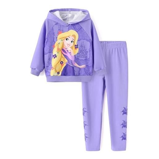 Disney principessa bambino ragazze vestiti manica lunga felpe con cappuccio e leggings abbigliamento set autunno casual pullover tuta, principessa-rapunzel-viola, 3 anni