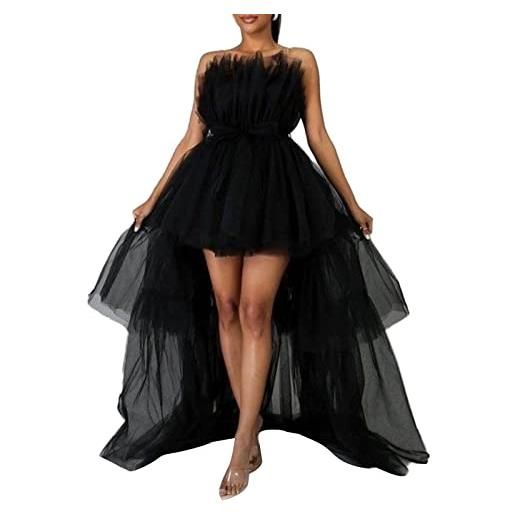 Alaurbeauty abito da donna con spalle scoperte, in tulle, estivo, lungo, sexy, da ballo, elegante, senza maniche, con volant, a-nero. , m