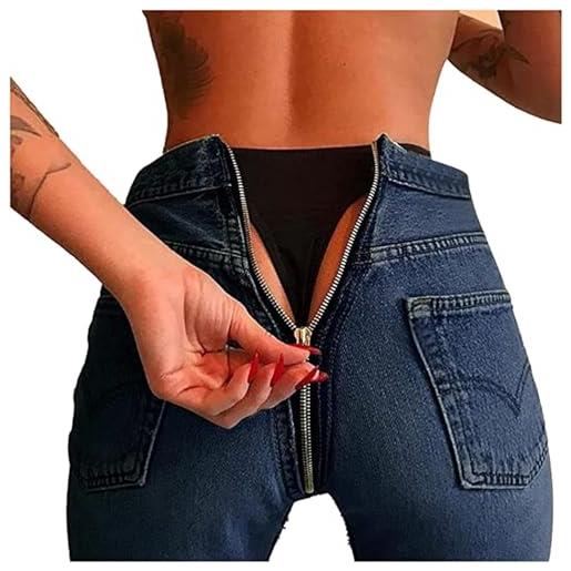Juankrynord primavera delle donne dimagrante con zip posteriore jeans elasticizzati collant sexy zip posteriore jeans gamba piccola vita alta dimagrante con tasche collant (blu scuro, xl)