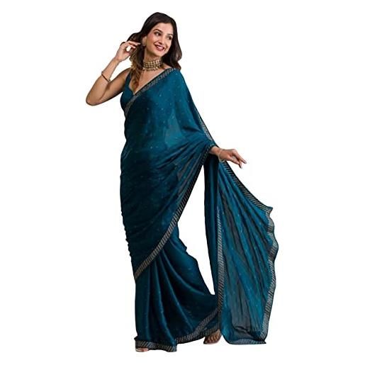 TRENDMALLS sari siroski da donna in chiffon muschio, con cintura, camicetta non cucita, blu foglia di tè, etichettalia unica