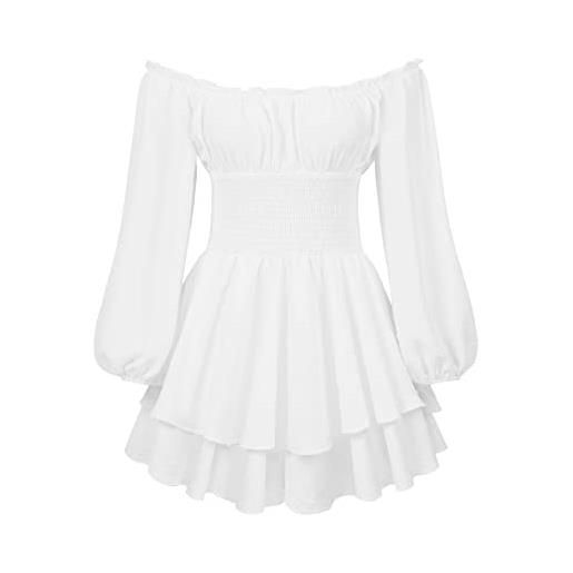 Generic abito con volant a sbuffo pantaloncini integrati a maniche lunghe abito in chiffon a strati con spalle scoperte abito casual 2022, bianco, s