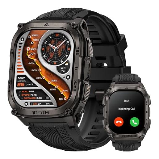 KOSPET tank m4 smartwatch uomo, acciaio inox completo, gps a 6 satelliti & mappe offline, 10atm subacqueo 45m, batteria 50 giorni, chiamate bluetooth, monitor salute 24/7, 1.96, android & ios nero