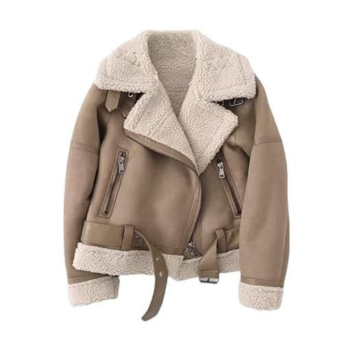 Generico giacca in pelle scamosciata sherpa da donna, calda giacca invernale in pile, giacca da motociclista, foderata in sherpa, collo in pelliccia, giacca a vento invernale da aviatore 02 nero m