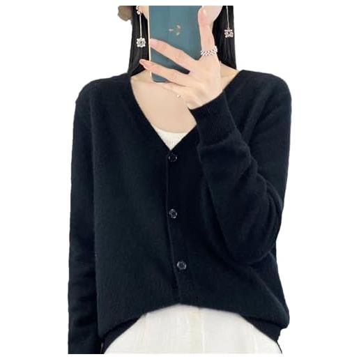 OWEIEYEU cardigan da donna in lana merino tinta unita con scollo a v a maniche lunghe tinta unita maglia strato base morbido caldo top, nero , m