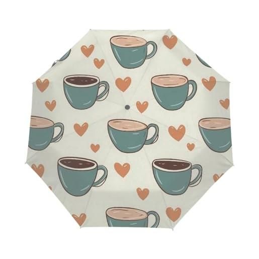 Mexpekil ombrello compatto da viaggio con tazza di caffè e cuore, antivento, pieghevole, protezione uv, sole, pioggia