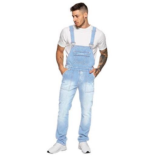 Enzo salopette da uomo in denim blu stonewash salopette salopette vita 76,2 cm - 127 cm, lavaggio con candeggina, 30w / 32l