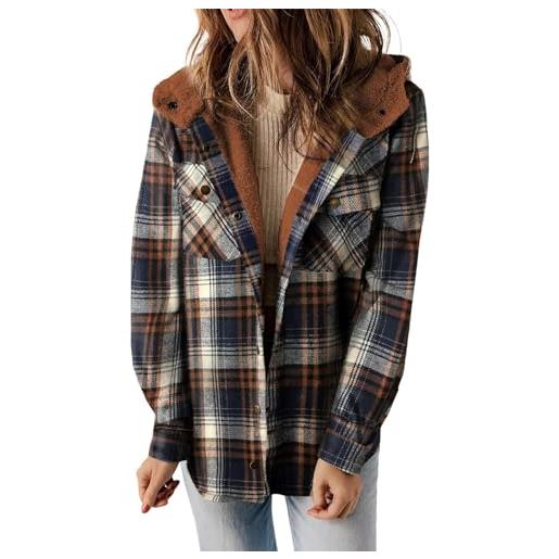 Generisch giacca da taglialegna da donna con cappuccio, camicia da donna a quadri, lunga giacca invernale, calda foderata, in pile, a maniche lunghe, con tasche, casual, trapuntata, in pile di lana, o grigio