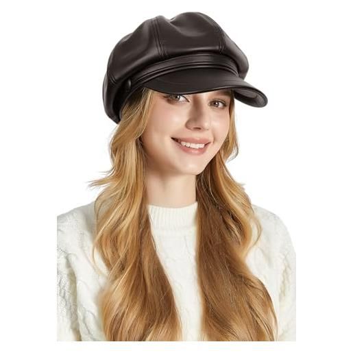 Ausing berretto in pelle da donna cappello pelle ecopelle marrone cappellino francese basco newsboy berretti ottagonale artista pittore cappelli baker boy moda casual vintage printemps autunno inverno