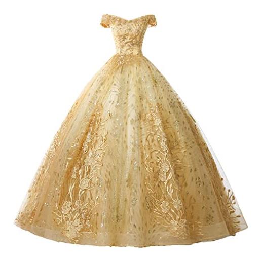 Xinaier abito da donna, elegante, con spalle scoperte, in tulle, da ballo, da ballo, gold, 50
