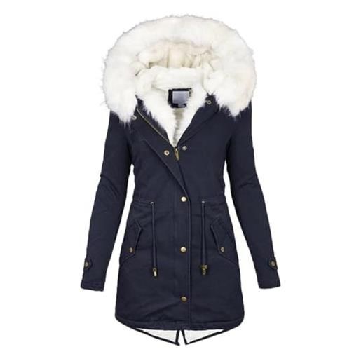 WOWEI cappotto parka donna invernale con cappuccio caldo felpa giacca antivento in pile termici elegante con pelliccia giubbotto lungo cappotto piumino imbottito con tasche e coulisse (blu, m)