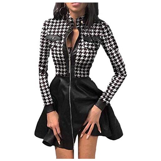 Minetom vestiti donna maniche lunghe floreale pizzo patchwork cerniera pelle sintetica abito scollo a v linea ad a vestito corto sera party cerimonia a nero pizzo 42
