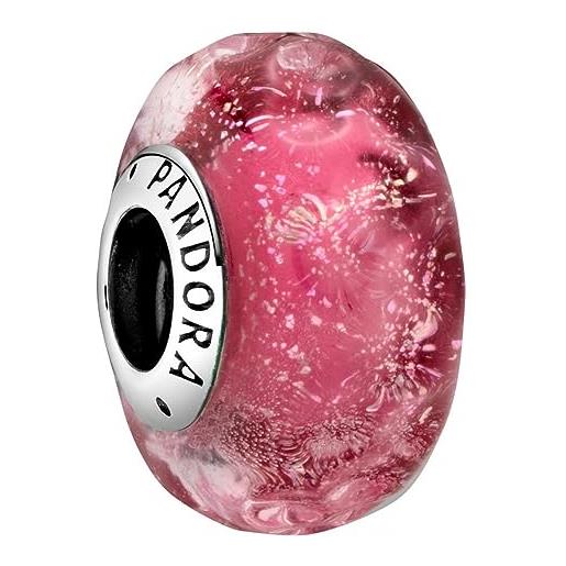 PANDORA colours ciondolo ondulato in argento 9 con pietra iridescente rosa in vetro di murano