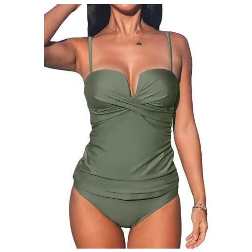 CUPSHE tankini da donna set due pezzi costume da bagno scollo a cuore vita media cinghie regolabili anteriore avvolto, verde oliva, s
