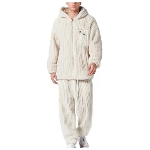 RUMAOZIA pigiama da uomo lungo in spugna, in flanella, morbido pile, per l'inverno, caldo, set da due pezzi, a maniche lunghe, con tasche, da uomo, per la notte e il pigiama natalizio, bianco, xl