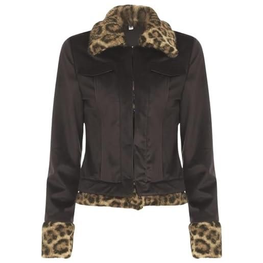 Goolecrimp giacca sottile con risvolto leopardato retrò da donna y2k giacca a maniche lunghe alla moda casual sexy chic cappotto elegante classico sottile primaverile e autunnale (marrone, l)