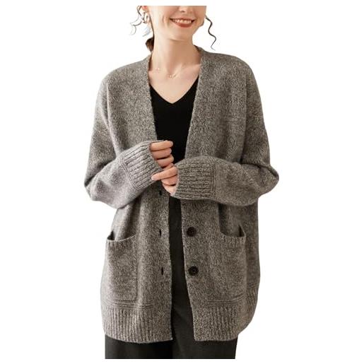 DISSA cardigan da donna in cashmere con scollo a v, a maniche lunghe, da donna, in cashmere e lana, a pois, cardigan spesso, ma910, grigio. , 44
