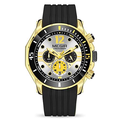Megir Orologio Uomo Militare Al Quarzo - Cassa Oro Rosa E Cinturino In Silicone Nero - Cronografo 3 Quadranti