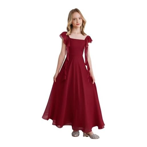 ranrann abito da damigella bambina in chiffon con collo quadrato vestito lungo elegante in tinta unita per comunione compleanno cocktail matrimonio cerimonia a borgogna 9-10 anni