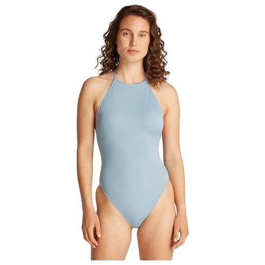 Calvin Klein donna costume da bagno high neck one piece allacciatura sul collo, blu (faded denim), xs