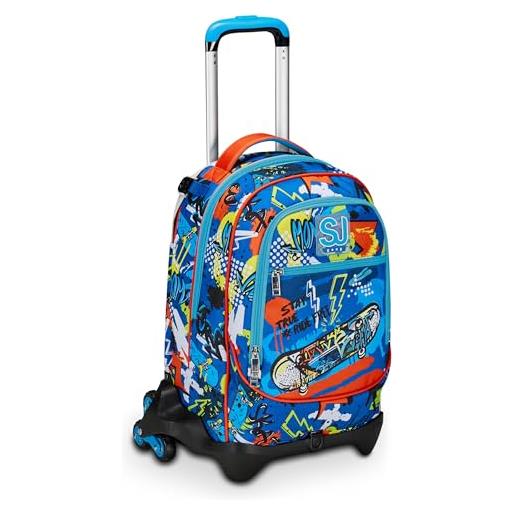 Seven sj gang style jam gang trolley scuola jack 3 ruote, blu, tricky. Led, 3 in 1, triplo uso, zaino con carrello sganciabile, tasca porta borraccia e crossover system, zaino scuola elementare, bambino