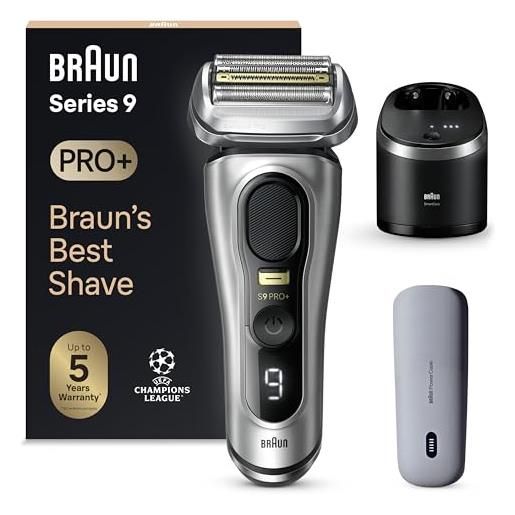 Braun series 9 pro +, rasoio elettrico barba, regolabarba uomo, rifinitore di precisione, con power. Case, lame flessibili, smart. Care, impermeabile, batteria litio ion, idea regalo, 9577cc argento
