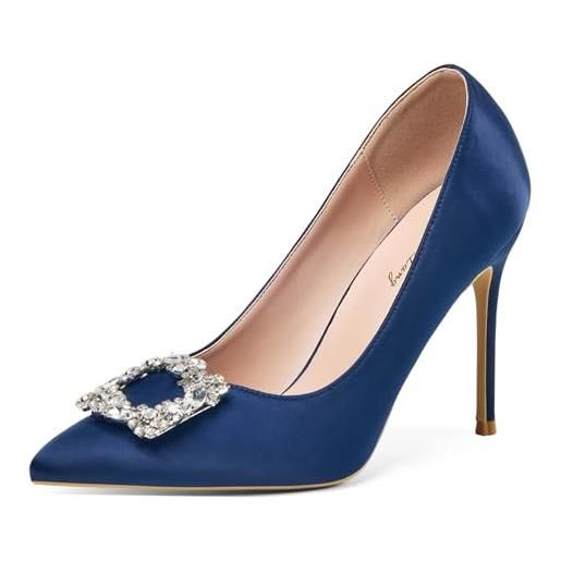Zhabtuc décolleté donna 10 cm satin glitter tacchi alti con strass punta chiusa slip-on scarpe da cerimonia e matrimonio, blu navy, 37 eu