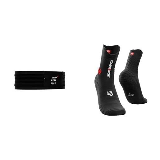 Compressport free belt pro, cintura da trail running unisex-adult, nero, m/l & pro racing socks v3.0 trail, calze a compressione per uomo, nero/rosso, t3 / 42-44 eu
