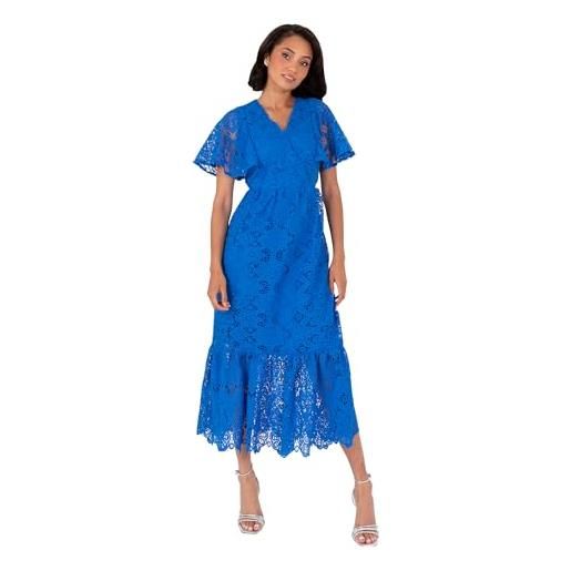 Lovedrobe women's midaxi dress ladies v-neck angel sleeve a-line floral print ruffle tiered hem wedding guest evening occasion, blu 40