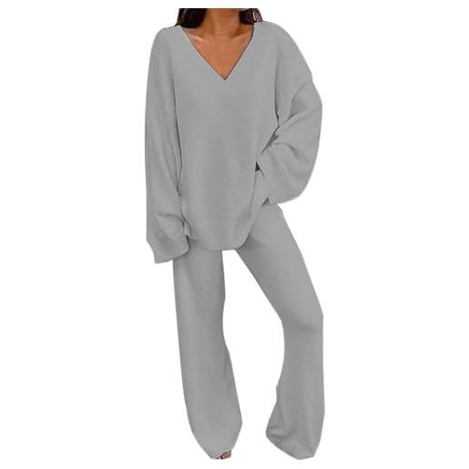 Generic set fuzzy da donna completi da 2 pezzi top a maniche lunghe pantaloni a gamba larga set 𝐏igiama lungo donna cotone (grey, s)