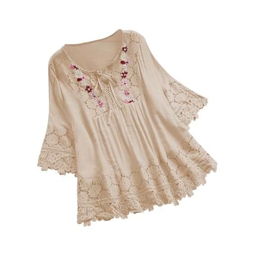 Ybing camicetta da donna in mussola, elegante pizzo ricamato, in lino, tinta unita, con bordo in pizzo, tunica, in cotone e lino, sottile, scollo rotondo, a o, a maniche corte, leggera, per adolescenti e
