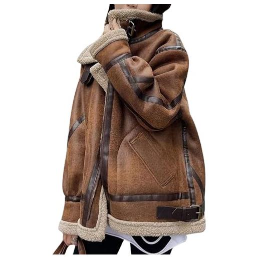 Generic donne oversize finto camoscio moto giacca sherpa pile foderato giacca di pelle aviatore shearling pelliccia cappotto cappotto (nero, s)