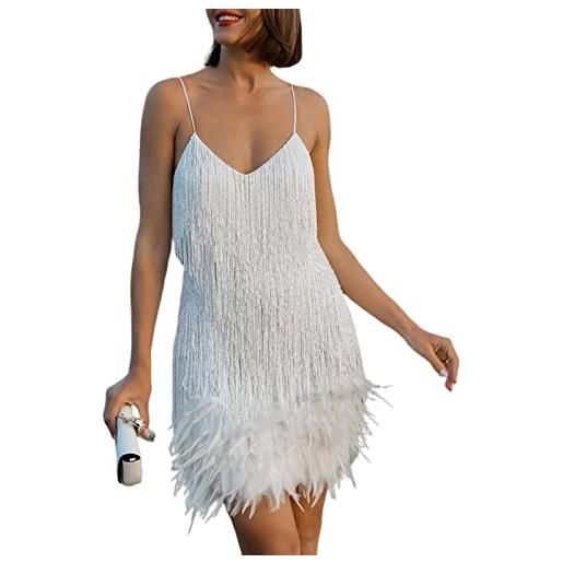 GETERUUV abito da donna anni '20, vintage, con paillette, con frange, sexy, corto, abito da cocktail, bianco m, m
