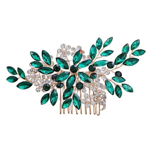 SLXLYH elegante fascia per capelli con strass fatti a mano, con perle artificiali, pettine per capelli per matrimoni ed eventi formali (pettine verde)