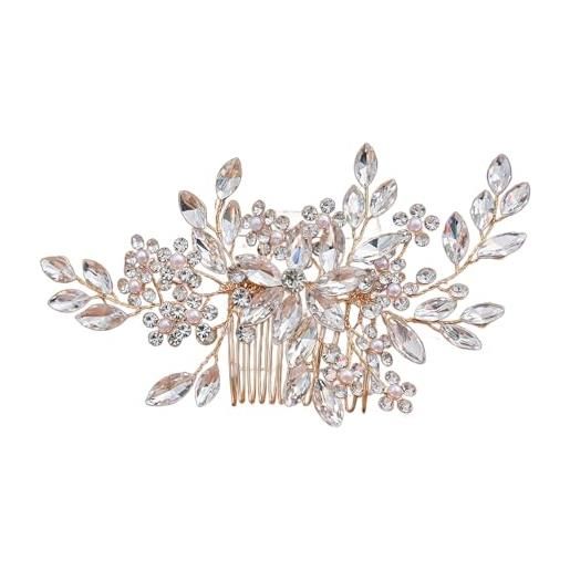 SLXLYH elegante fascia per capelli con strass fatti a mano, con perle artificiali, pettine per capelli per matrimoni ed eventi formali (pettine dorato)