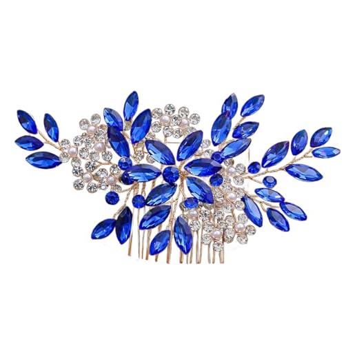 SLXLYH elegante fascia per capelli con strass fatti a mano, con perle artificiali, pettine per capelli per matrimoni ed eventi formali (pettine blu)